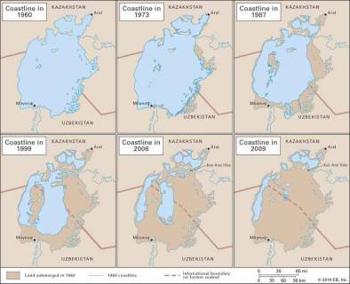 Idő ábra 1960-tól 2009-ig , ami az Aral tó összezsugorodását prezentálja