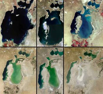 Műholdas képsorozat az Aral tó összezsugorodásáról